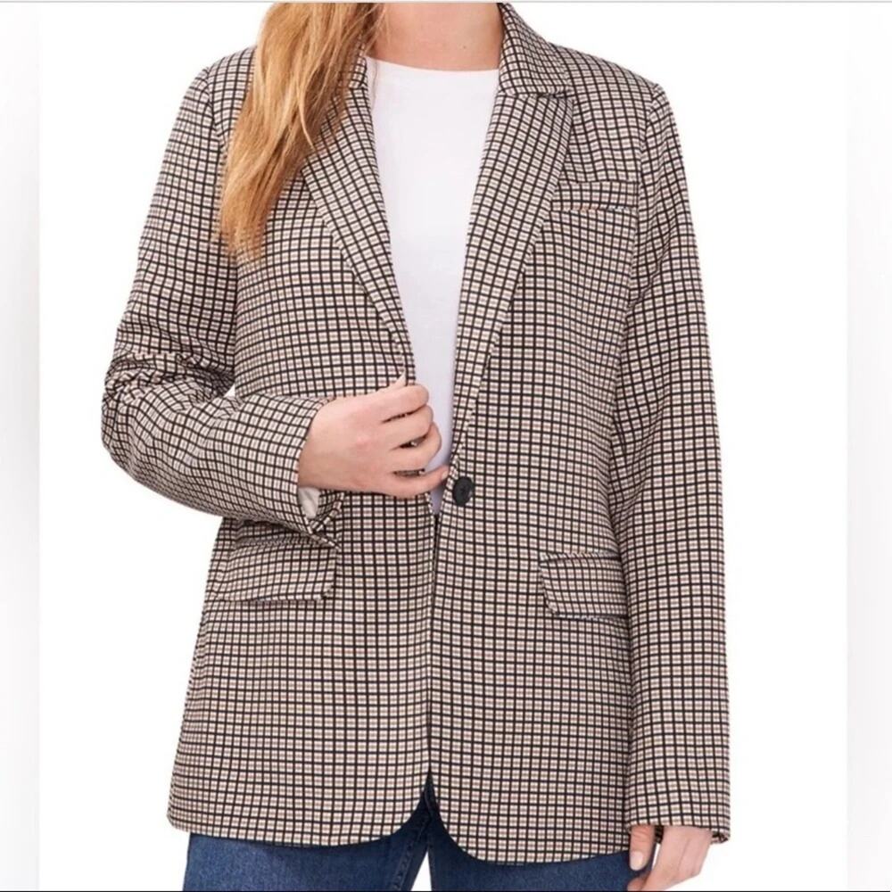 Vince Camuto Blazer XL Plaid One-Button Lined Brown Black Cream Jacket Career